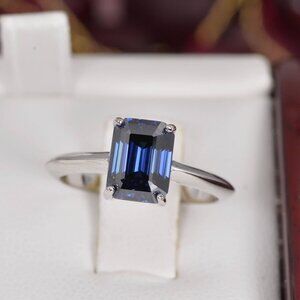 Certified 1.0 ct Royal Blue Emerald Cut Moissanite Engagement Ring 925 Sterling